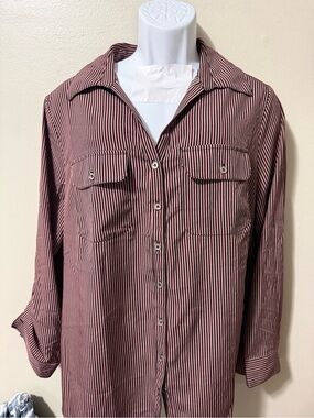 NY Collection women’s  Burgundy and Black Vertical Stripe Button-Down Shirt